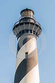 Diagonal black and white stripes mark the Cape Hatteras lighthouse at its new location near the town of Buxton on the Outer Banks