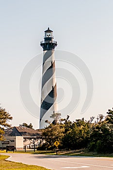 Diagonal black and white stripes mark the Cape Hatteras lighthouse at its new location near the town of Buxton on the Outer Banks