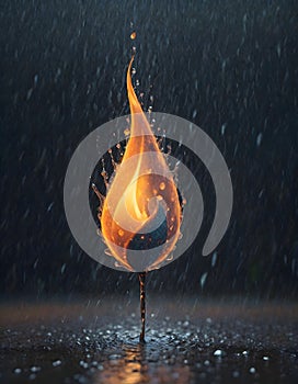Diagonal flame meeting raindrops, dramatic interplay of fire and water, Generative AI photo