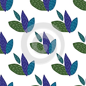 Diagonal floral seamless pattern with green and blue leafs. Isolated design with white background