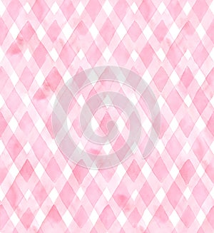 Diagonal gingham of pink colors on white background. Watercolor seamless pattern for fabric