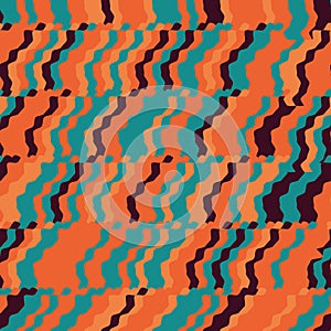 Diagonal glitch striped seamless vector pattern in vibrant orange and teal