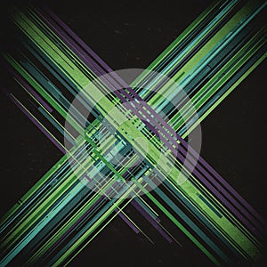 Diagonal lines intersect in a dynamic pattern on a black background, featuring shades