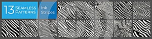 Diagonal lines seamless zebra pattern set. Abstract deco graphic background. Ink painted vector pattern