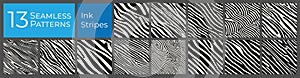 Diagonal lines seamless zebra pattern set. Abstract deco graphic background. Ink painted vector pattern collection