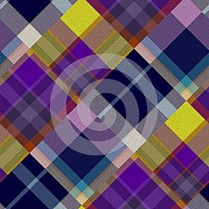 Diagonal madras patchwork plaid cotton pattern. Seamless quilting fabric effect linen check background.