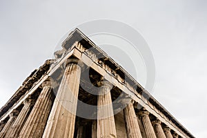 Diagonal minimalistic view of Greek ruin with doric columns