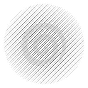 Diagonal, oblique lines abstract geometric circle. Slanting, slope lines halftone circle. Radial, circular skew, tilt parallel