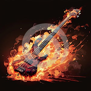 Diagonal orange bass guitar, blazing flames, intense rock metal vibe