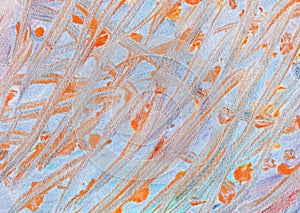 Diagonal orange messy lines and spots of paint on pastel blue background