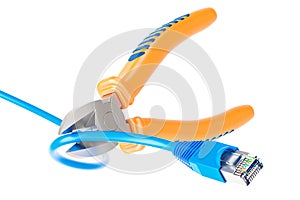 Diagonal pliers cutting lan network computer cable, 3D rendering