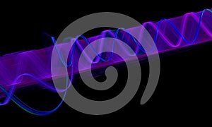 Diagonal purple violet digital 3d snake, laser spring or smooth waves in tube of deep dark space.