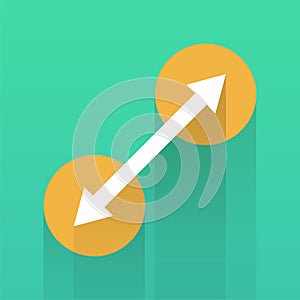 Diagonal resize arrows with dots vector icon on green background with shadow. Flat vector zoom view icon symbol sign from modern