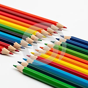 Diagonal Rows of Sharpened Colored Pencils on White Background art supplies drawing