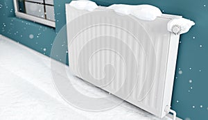 Diagonal snowy and cold radiator against heating bills