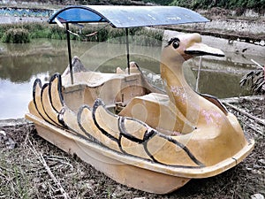 Diagonal swan paddle boat with dramatic scene near fish pond photo