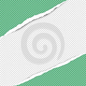 Diagonal torn green squared paper strips for text or message are on white background. Vector illustration