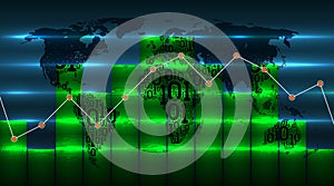 Diagram chart graph on background of world map with emerging digital global technologies of future. Map of Earth from binary code