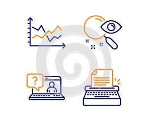 Diagram chart, Search and Faq icons set. Typewriter sign. Presentation graph, Find document, Web support. Vector