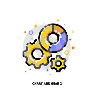 Diagram and gear icon for concept of amounts assigning chart to spend on a companys various costs. Flat filled outline style photo
