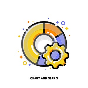 Diagram and gear icon for concept of piece pie chart showing the companys revenue split. Flat filled outline style. Pixel perfect