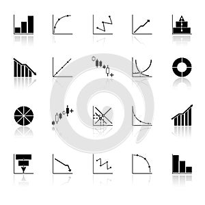 Diagram and graph icons with reflect on white back