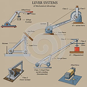 Diagram illustrating different classes of lever systems, showing mechanical