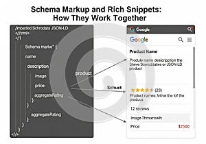 Diagram illustrating the relationship between schema markup and rich snippets. On the left, a