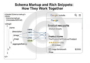Diagram illustrating the relationship between Schema Markup and Rich Snippets. On the left, a