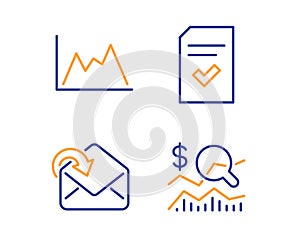 Diagram, Receive mail and Checked file icons set. Check investment sign. Vector