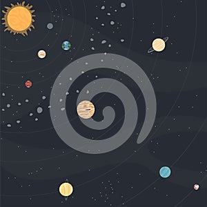 diagram of the solar system with sun, planets, asteroid belt in square frame