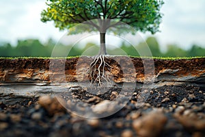diagram of underground root system of tree growing in soil section