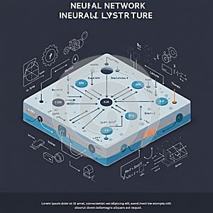 Diagrammatically presents a neural network structure, featuring a 3D isometric