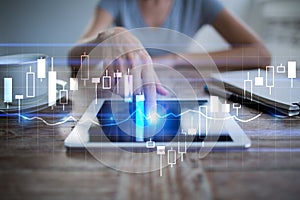 Diagrams and graphs on virtual screen. Business strategy, data analysis technology and financial growth concept.