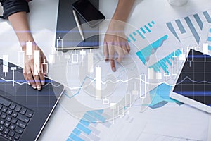 Diagrams and graphs on virtual screen. Business strategy, data analysis technology and financial growth concept.