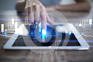 Diagrams and graphs on virtual screen. Business strategy, data analysis technology and financial growth concept.