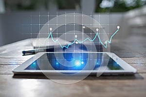 Diagrams and graphs on virtual screen. Business strategy, data analysis technology and financial growth concept.