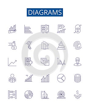 Diagrams line icons signs set. Design collection of Graphs, Charts, Maps, Plots, Tables, Images, Flowcharts, Models