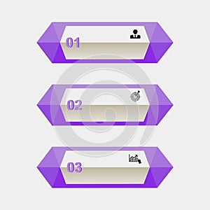Diagrams of purple in three stages, numbers, icons, variants, parts. Business vector for presentation.