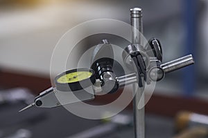 dial gauge micrometer. quality control check runout cutting tool, jig round workpiece. measurement diameter, parallel