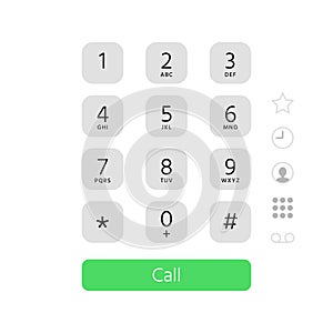 Dial keypad. Touchscreen phone number keyboard interface inspired by apple iphone ios dialer flat vector illustration photo