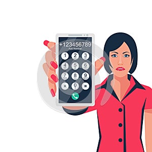 Dial number. Woman holds smartphone in hands.