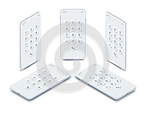 Dial screen on smartphone, white phones isometric set. Realistic mobile screen keypad with numbers and letters template