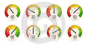 Dial speedometers, barometers logo set. Round scale, speed, weight, power, percentage indicators collection. Fuel