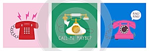 Dial wire phones cards. Various communication devices retro style, trendy flat posters. Calling equipment, decorative