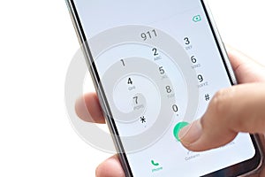 Dialing 911 on smartphone screen isolated