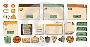 dialog boxes old. Retro pc elements, user interface, operating system, windows, icons in trendy retro style. old