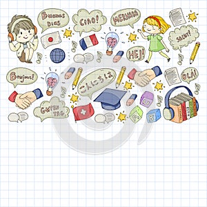 Dialog clouds with HELLO! Vector pattern for language class, online courses. English, arabic, italian, japanese, spanish