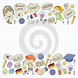 Dialog clouds with HELLO! Vector pattern for language class, online courses. English, arabic, italian, japanese, spanish