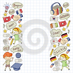 Dialog clouds with HELLO! Vector pattern for language class, online courses. English, arabic, italian, japanese, spanish